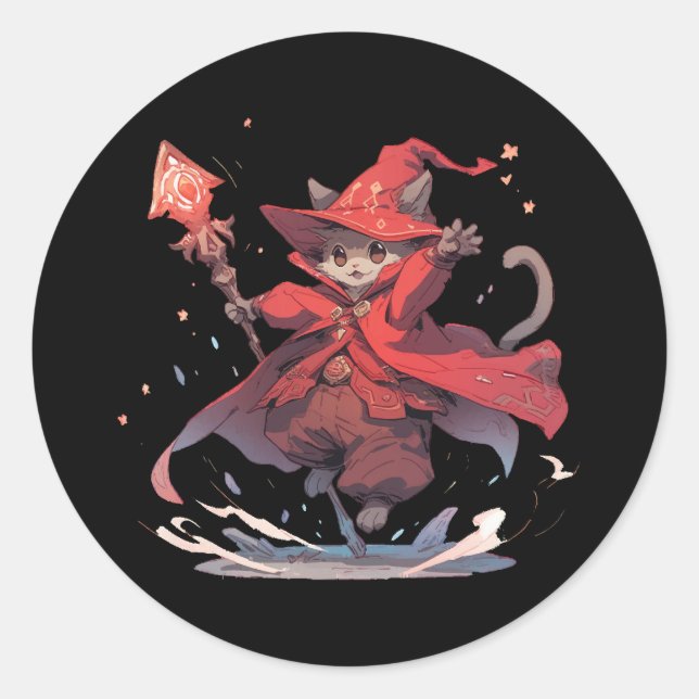 Cute Red Mage Cat Hero Classic Round Sticker (Front)
