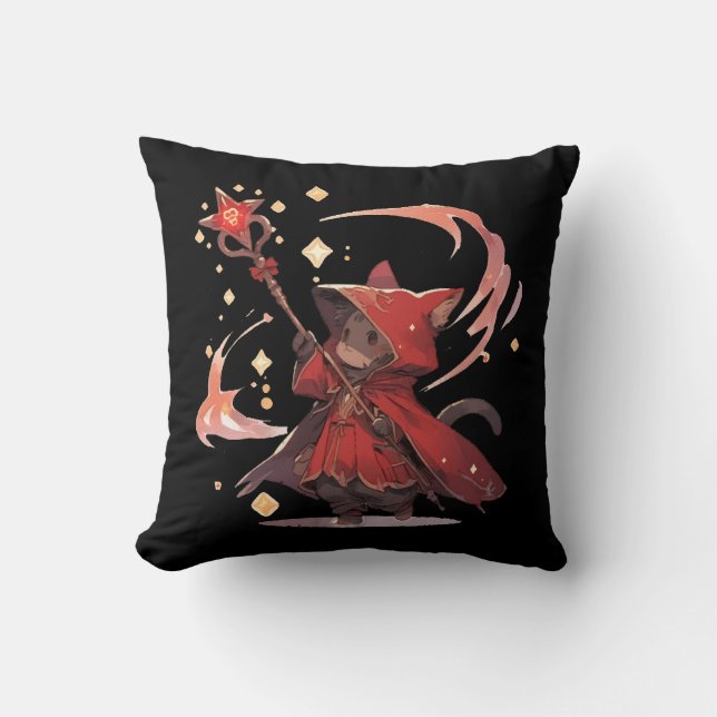 Cute Red Mage Cat Hero Cushion (Front)