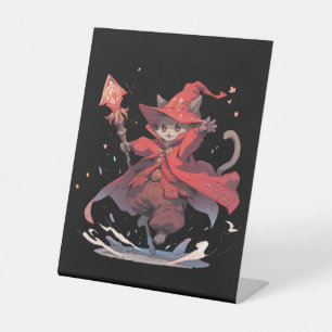 Cute Red Mage Cat Hero Pedestal Sign