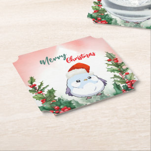 Cute Red Merry Christmas Bird Santa Xmas party Paper Coaster