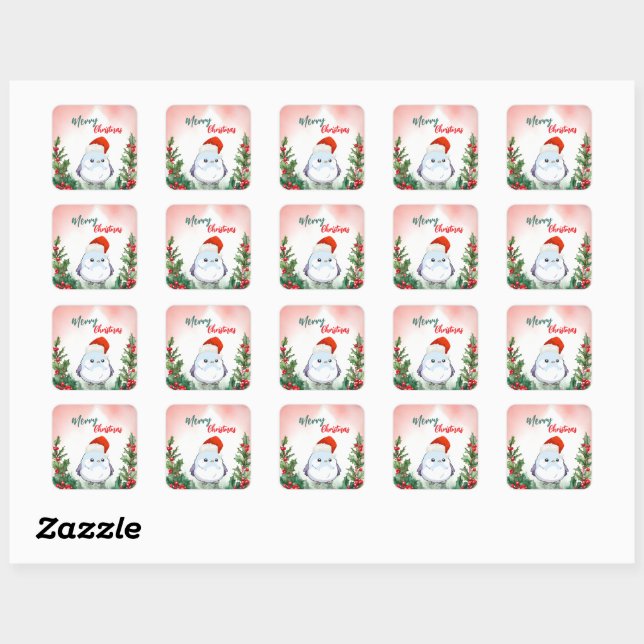 Cute Red Merry Christmas Bird Santa Xmas party Square Sticker (Sheet)