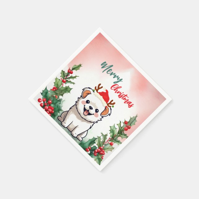 Cute Red Merry Christmas dog puppy Santa Xmas part Napkin (Corner)