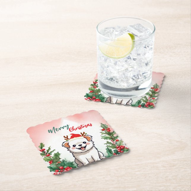 Cute Red Merry Christmas dog puppy Santa Xmas part Paper Coaster (Insitu)