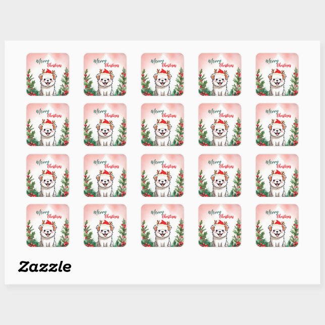 Cute Red Merry Christmas dog puppy Santa Xmas part Square Sticker (Sheet)