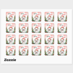 Cute Red Merry Christmas dog puppy Santa Xmas part Square Sticker