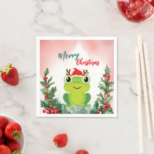 Cute Red Merry Christmas frog Santa Xmas party Napkin