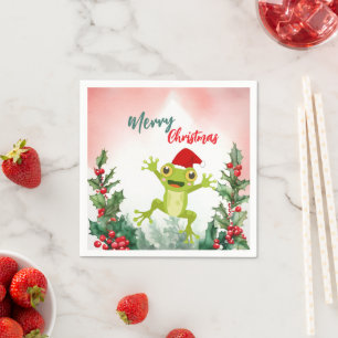 Cute Red Merry Christmas frog Santa Xmas party Napkin