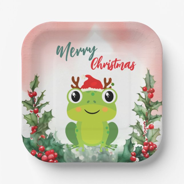 Cute Red Merry Christmas frog Santa Xmas party Paper Plate (Front)