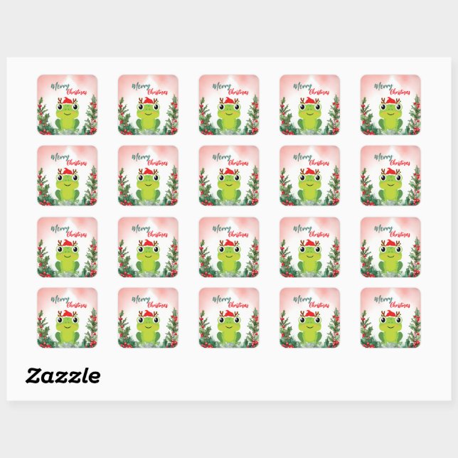 Cute Red Merry Christmas frog Santa Xmas party Square Sticker (Sheet)