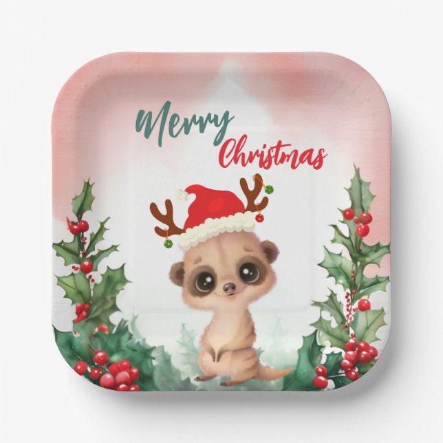 Cute Red Merry Christmas Kashmir Santa Xmas party Paper Plate (Front)