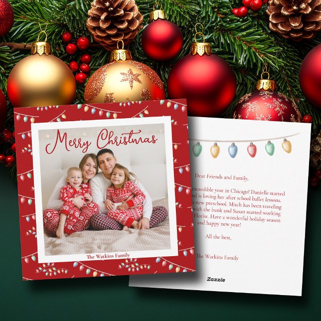 Cute Red Merry Christmas Lights Family Photo Holiday Card (Creator Uploaded)
