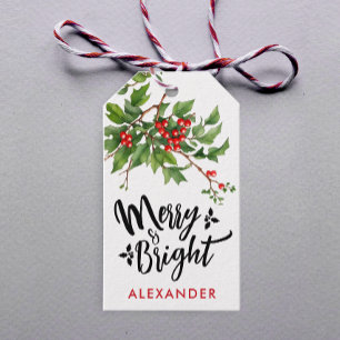 Cute Red Merry Christmas Mistletoe Name Watercolor Gift Tags