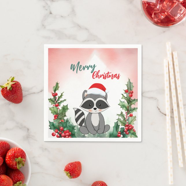 Cute Red Merry Christmas Racoon Santa Xmas party Napkin (Insitu)