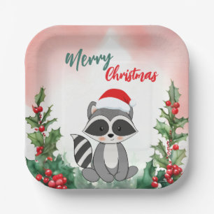 Cute Red Merry Christmas Racoon Santa Xmas party Paper Plate