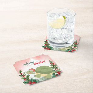 Cute Red Merry Christmas turtle Santa Xmas party Paper Coaster
