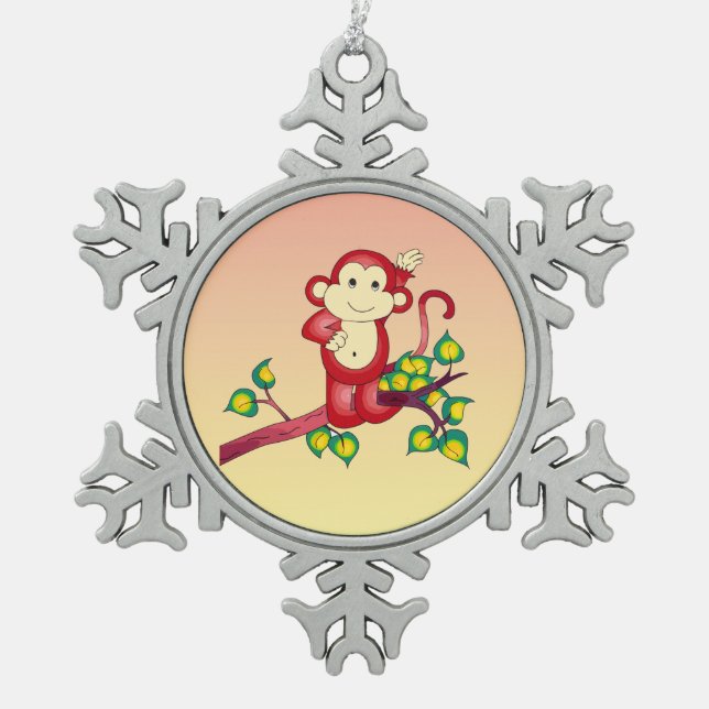Cute Red Monkey Pewter Snowflake Ornament (Front)