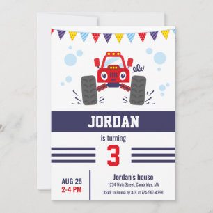 Cute Red Monster Truck Kids Birthday Party Invitation
