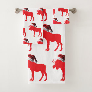 Cute Red Moose with Santa Hat Bath Towel Set