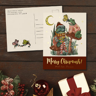 Cute Red Mushroom Frog and Toad Merry Christmas  F Foil Holiday Postcard