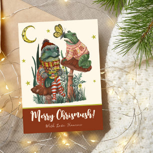 Cute Red Mushroom Frog and Toad Merry Christmas  Holiday Card
