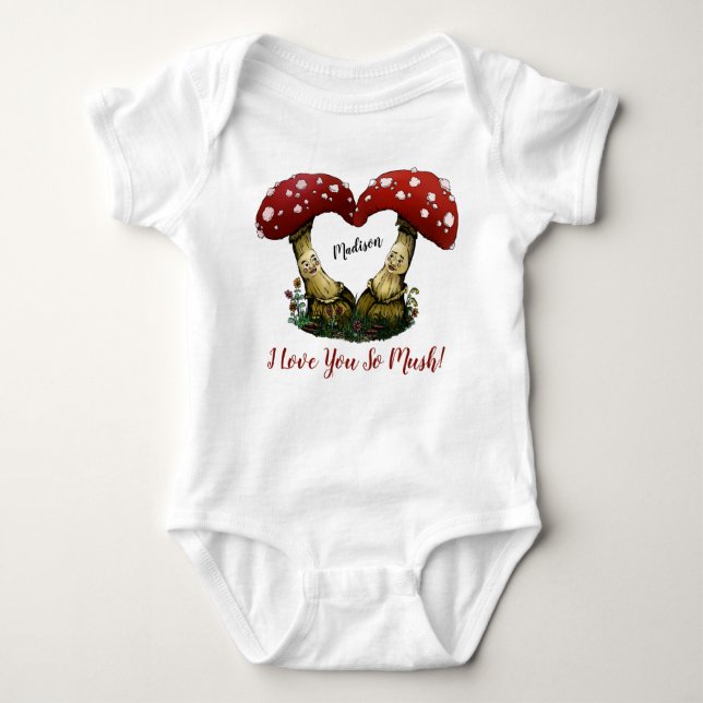 Cute Red Mushroom Pun I Love You Valentine's Day Baby Bodysuit (Front)