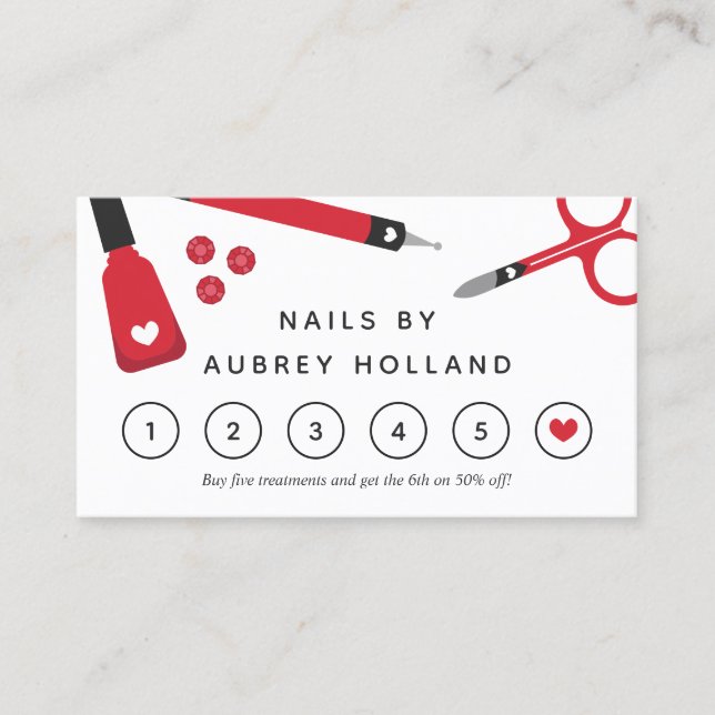 Cute Red Nail Artist Tools Loyalty Card (Front)