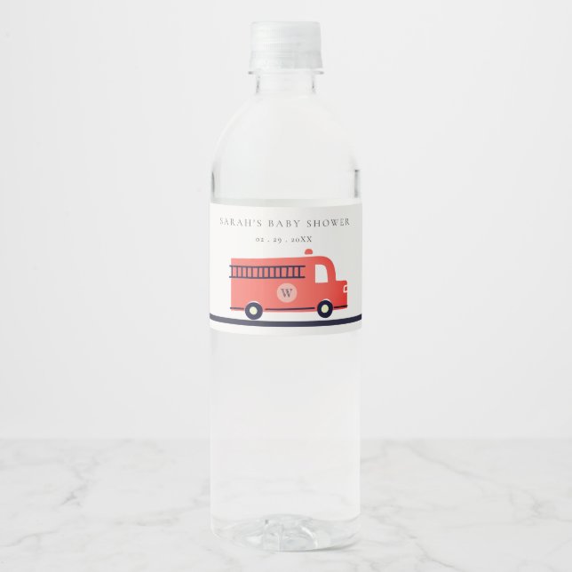 Cute Red Navy Fire Truck Engine Baby Shower Water Bottle Label (Front)