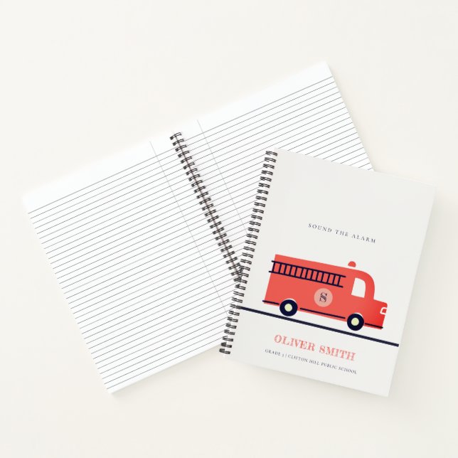 Cute Red Navy Fire Truck Engine Monogram Boys Notebook (Inside)