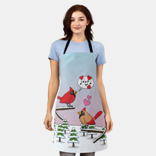 Cute Red Northern Cardinals Love Winter Landscape Apron
