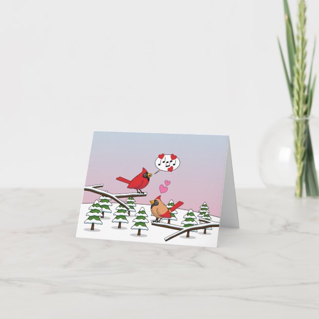 Cute Red Northern Cardinals Love Winter Landscape Card (Front)