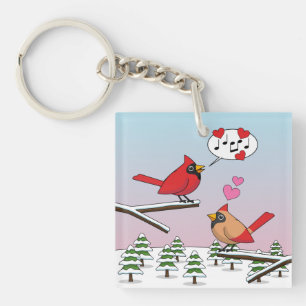 Cute Red Northern Cardinals Love Winter Landscape Key Ring