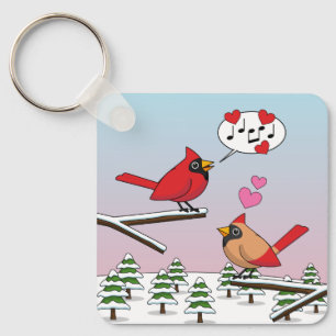 Cute Red Northern Cardinals Love Winter Landscape Key Ring