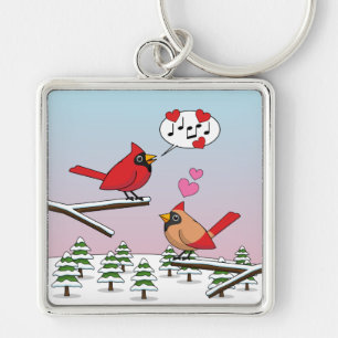 Cute Red Northern Cardinals Love Winter Landscape Key Ring