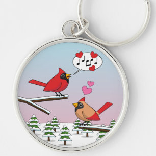 Cute Red Northern Cardinals Love Winter Landscape Key Ring