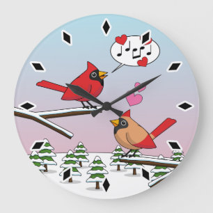 Cute Red Northern Cardinals Love Winter Landscape Large Clock