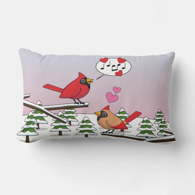 Cute Red Northern Cardinals Love Winter Landscape Lumbar Cushion (Front)