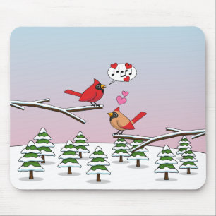 Cute Red Northern Cardinals Love Winter Landscape Mouse Pad
