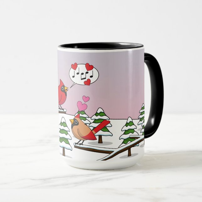 Cute Red Northern Cardinals Love Winter Landscape Mug (Front Right)