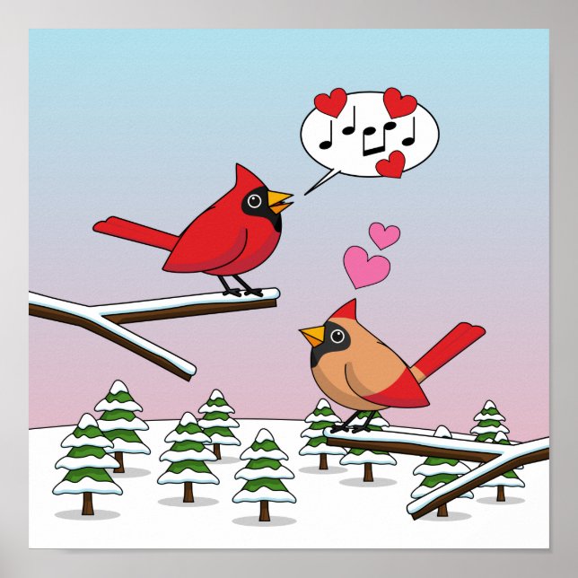 Cute Red Northern Cardinals Love Winter Landscape Poster (Front)