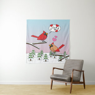 Cute Red Northern Cardinals Love Winter Landscape Tapestry