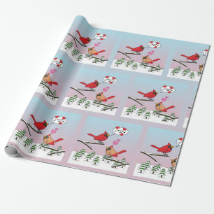 Cute Red Northern Cardinals Love Winter Landscape Wrapping Paper