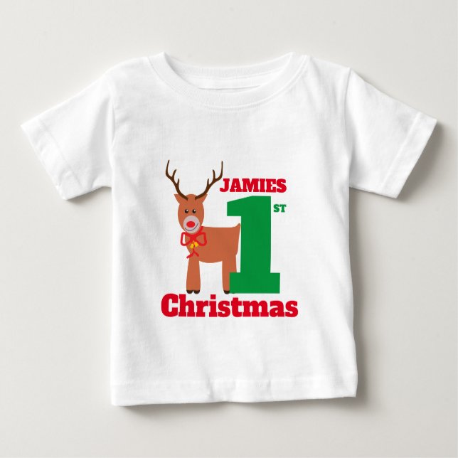 Cute Red Nosed Reindeer Baby's First Christmas Baby T-Shirt (Front)