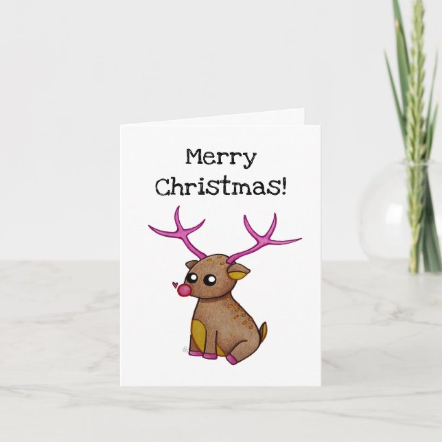 Cute Red Nosed Reindeer - Merry Christmas Card (Front)