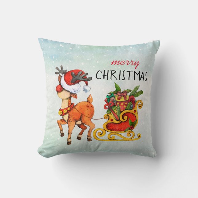 Cute red -nosed reindeer pulling sleigh Christmas  Cushion (Front)