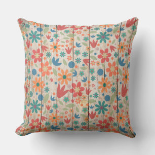 Cute Red Orange Blue Floral on White Wood Cushion