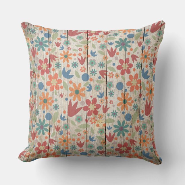 Cute Red Orange Blue Floral on White Wood Cushion (Front)