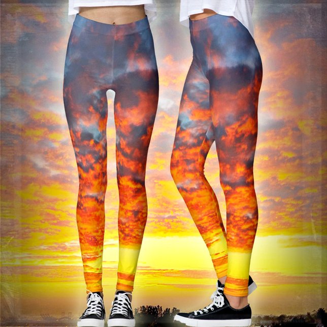 Cute red orange yellow & blue clouds sunrise photo leggings (Creator Uploaded)