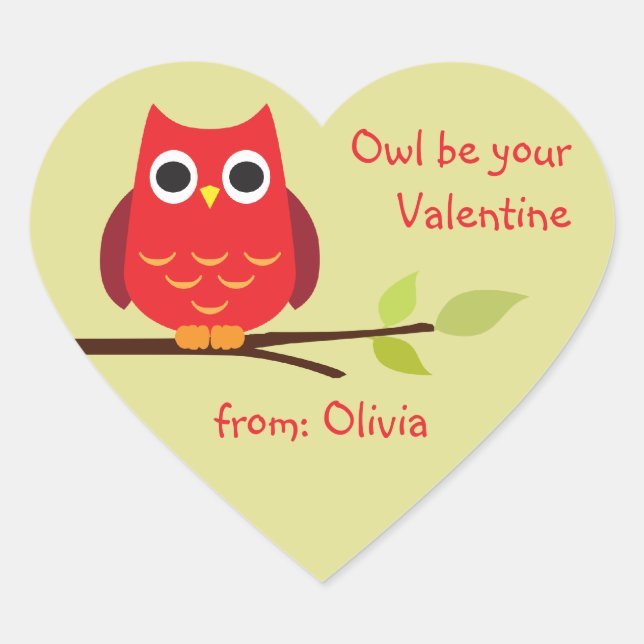 Cute red owl classroom valentine personalised gift heart sticker (Front)