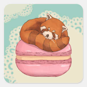 Cute Red Panda and Macaron Illustration Art Square Sticker
