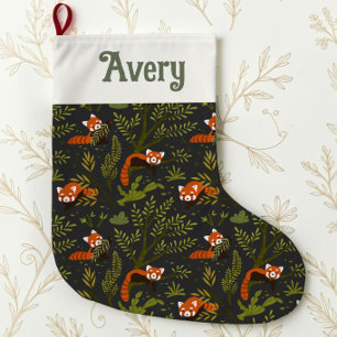 Cute Red Panda Dark Woodland Botanical Large Christmas Stocking